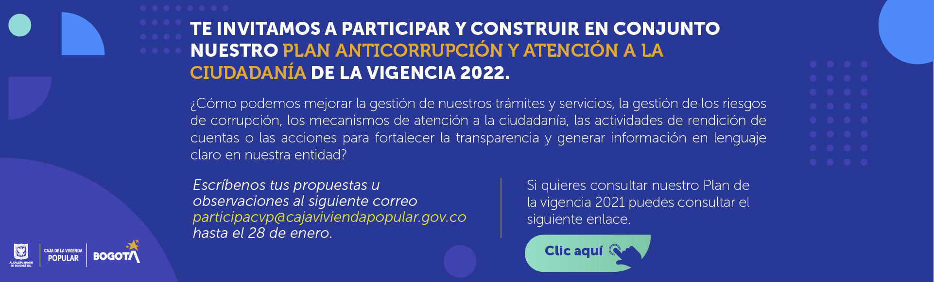 Te invitamos a participar y construir en conjunto nuestro Plan Anticorrupción y de Atención a la Ciudadanía Vigencia 2022